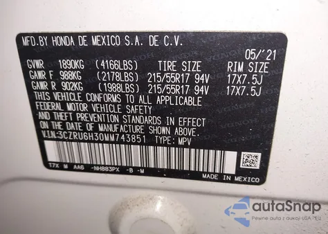 2021 Honda Hr-V Awd Lx из США, поврежденный, VIN 3CZRU6H30MM743851